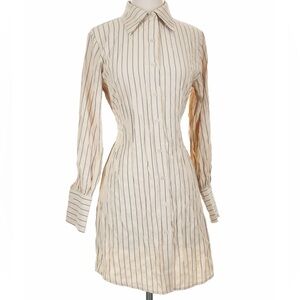 Cream and Navy Striped Long-Sleeve Shirt Dress